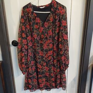 Time and Tru Black and Red Floral Long Sleeve Dress, Womens Size 20